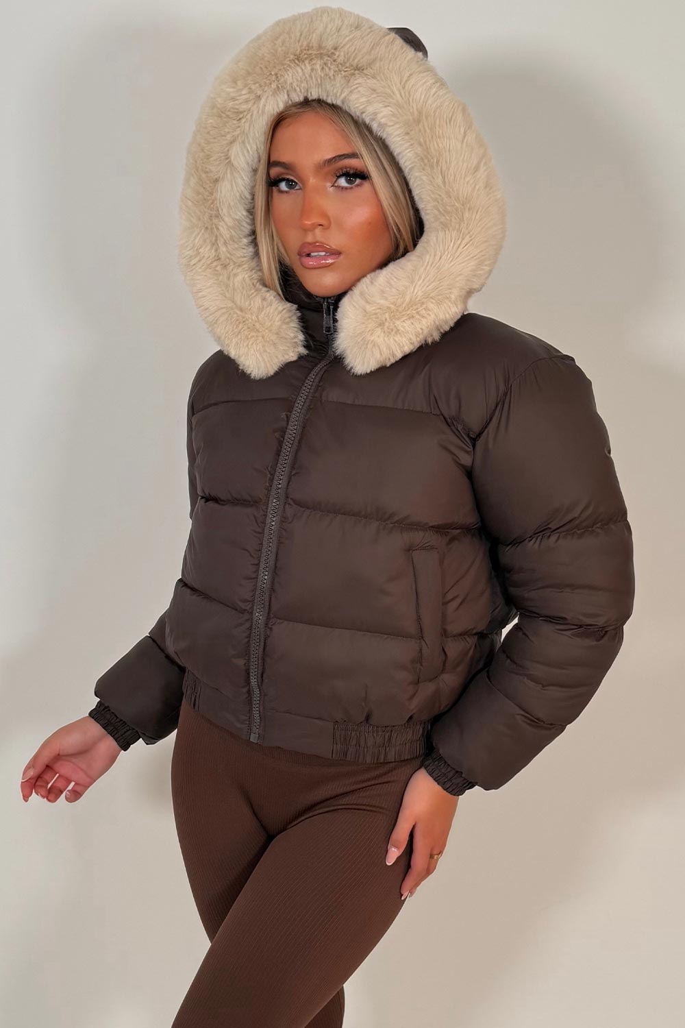 faux fur hood padded puffer winter jacket for womens styledup uk 