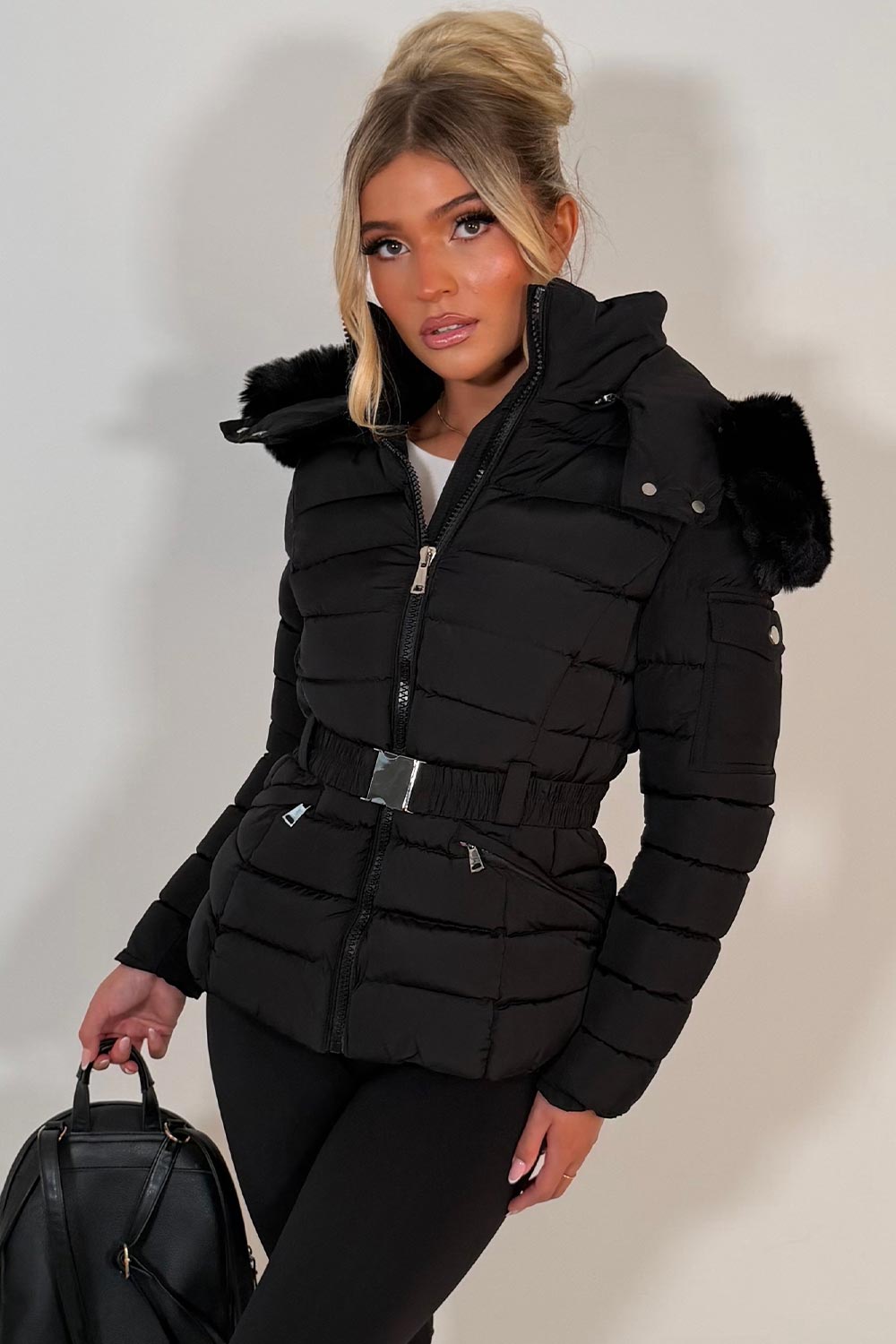 womens black faux fur hood puffer padded jacket for winter styledup uk