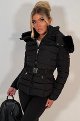 womens black faux fur hood puffer padded jacket for winter styledup uk