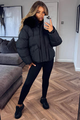padded puffer winter jacket with fur hood black styledup uk