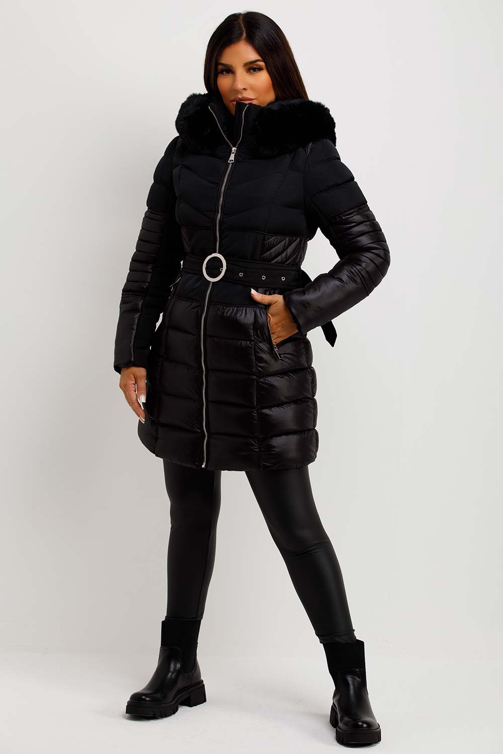 womens shiny padded puffer coat with fur hood and belt