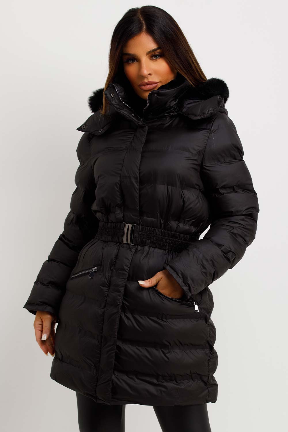 womens long black puffer padded coat with belt and fur hood