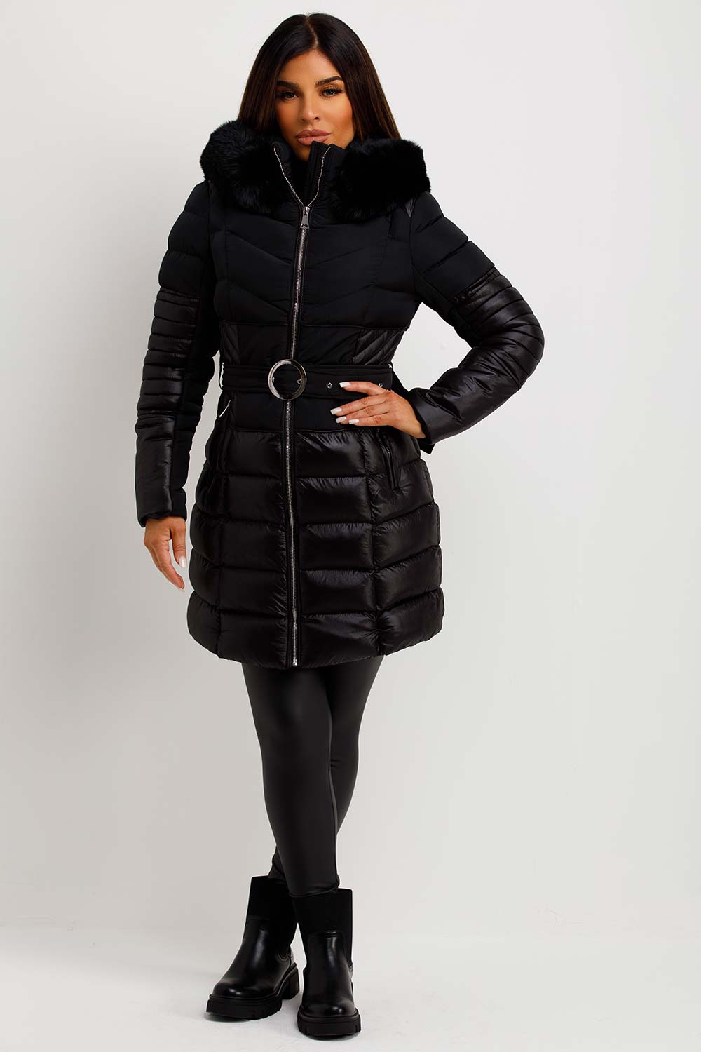 womens black puffer padded quilted coat with far hood and belt