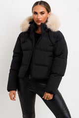 womens puffer jacket with faux fur hood