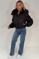 womens black padded puffer jacket with hood brown styledup womens uk