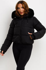 womens black padded puffer jacket with fur hood styledup