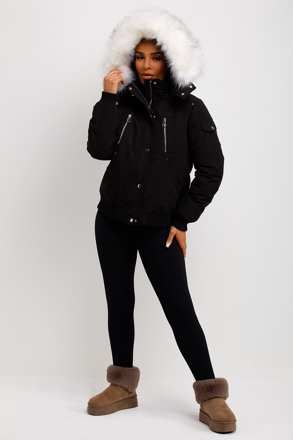 Padded bomber jacket hot sale with fur hood