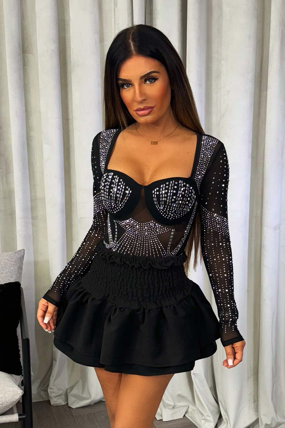 long sleeve going out bodysuit mesh top with diamantes