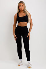 womens black crop top and leggings two piece set 