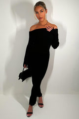 black ribbed off shoulder long sleeve crop top and trousers co ord set going out outfit