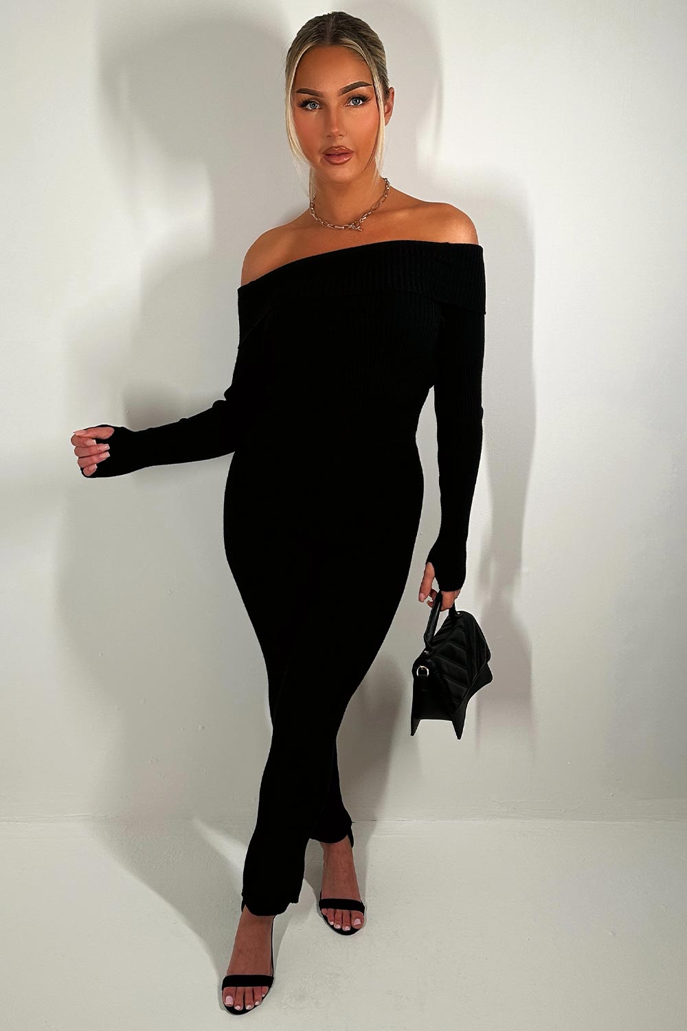 Fold Detail Off Shoulder Rib Top Trousers Set Black Going Out Outfit Styledup.co.uk Fold Detail Off Shoulder Rib Top Trousers Set Black Going Out Outfit Styledup.co.uk