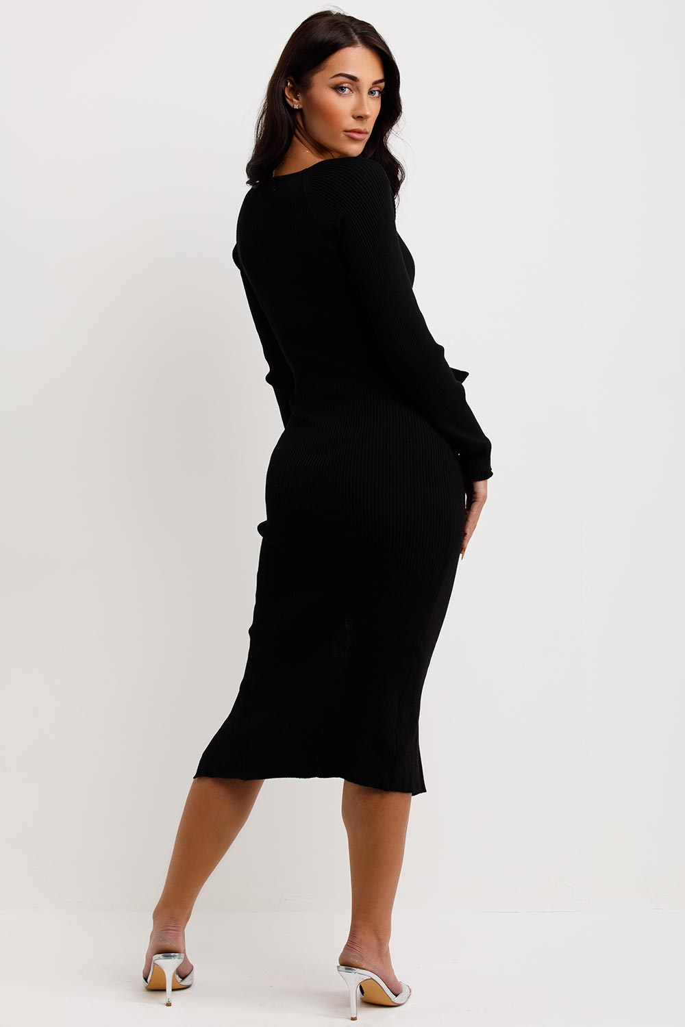 Long Sleeve Tie Waist Rib Knit Midi Dress Black – Styledup.co.uk Long Sleeve Tie Waist Rib Knit Midi Dress Black – Styledup.co.uk