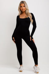 scrunch ruched bum long sleeve rib jumpsuit womens