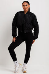 womens ruched sleeve bomber jacket black