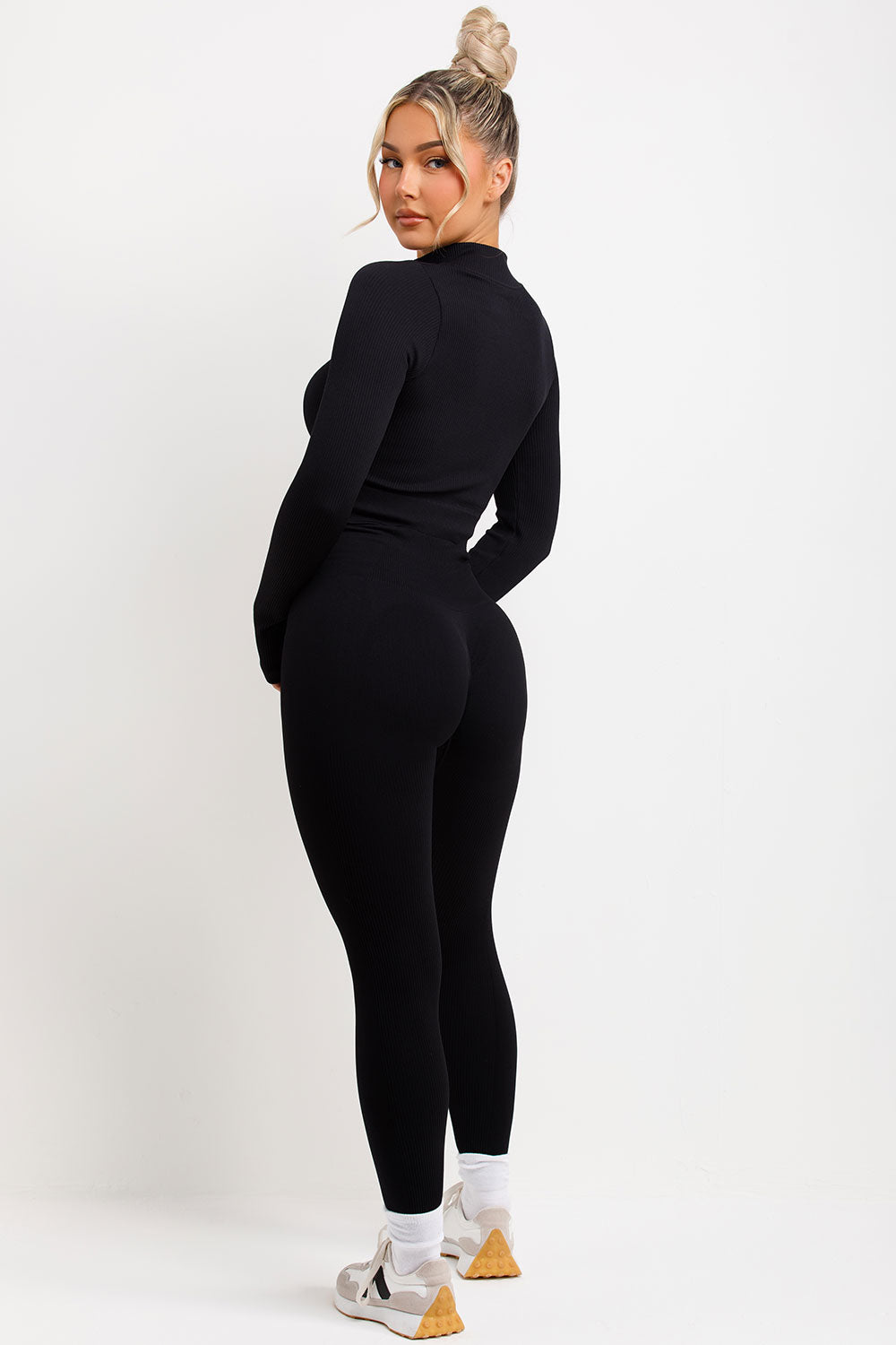 womens ribbed ruched bum leggings and zip up long sleeve activewear jacket two piece set gym wear