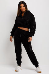 womens ruched sleeve crop hoodie and joggers tracksuit co ord set black