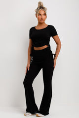 fold detail ruched side flare trousers and crop top co ord set womens casual summer outfit