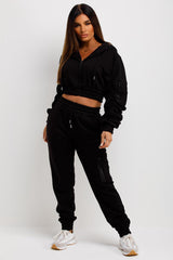 womens crop tracksuit ruched sleeve crop hoodie and joggers lounge set black