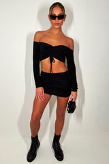 ruched front long sleeve crop top and mini skirt co ord set going out summer holiday party outfit