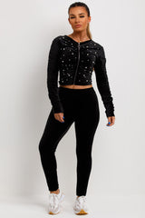 black velour tracksuit with pearls and ruched sleeves
