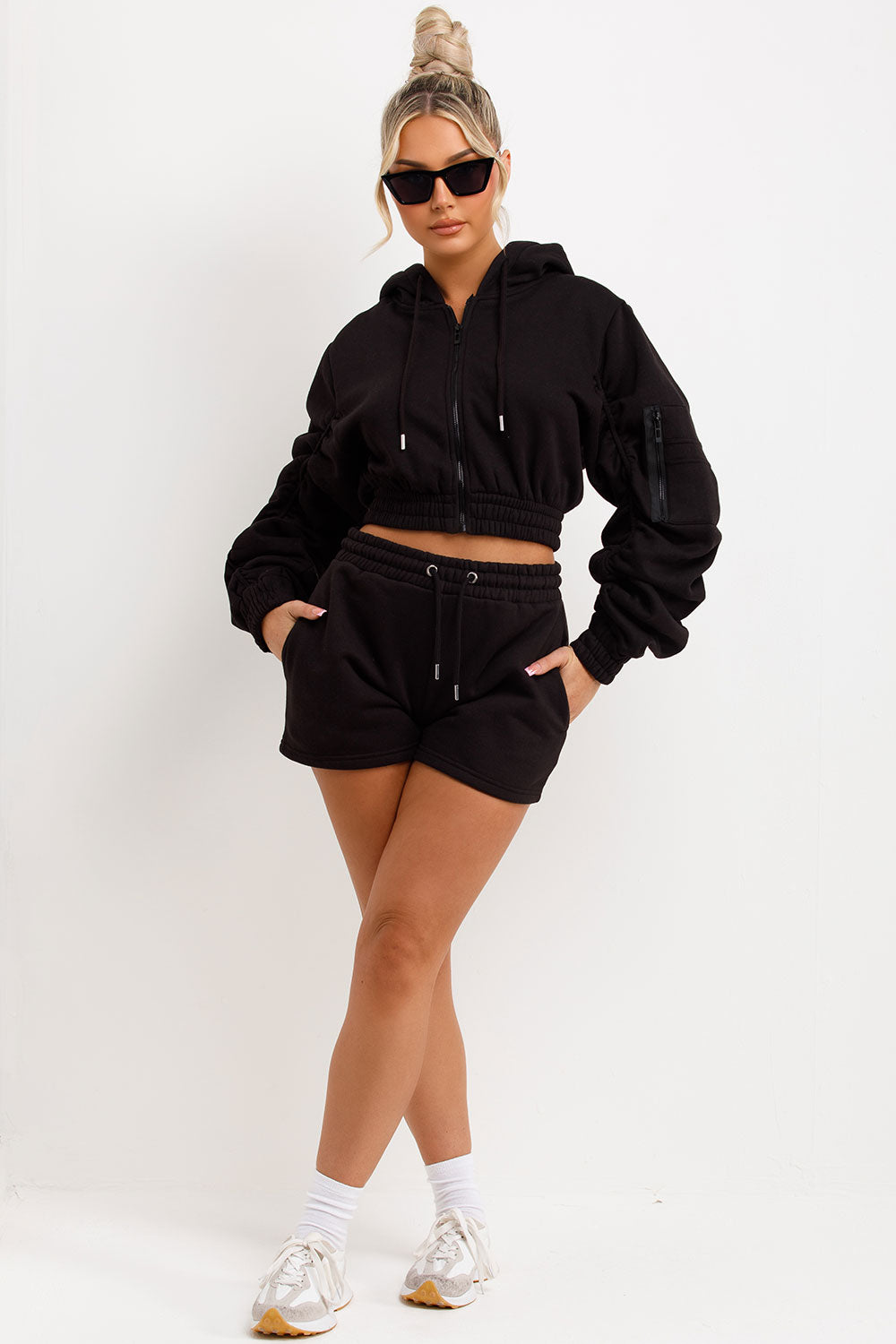 crop zip hoodie and shorts tracksuit set