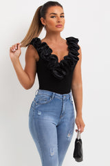 ruffle detail ribbed bodysuit going out top