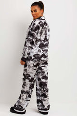 womens satin shirt and trousers co ord set dior print
