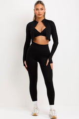 sports track jacket bralette and seamless high waist sports leggings three piece matching outfit set for womens