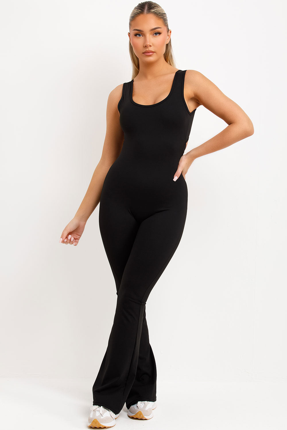 black flare leg jumpsuit unitard booty lifting