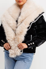 faux fur trim and collar puffer padded coat black