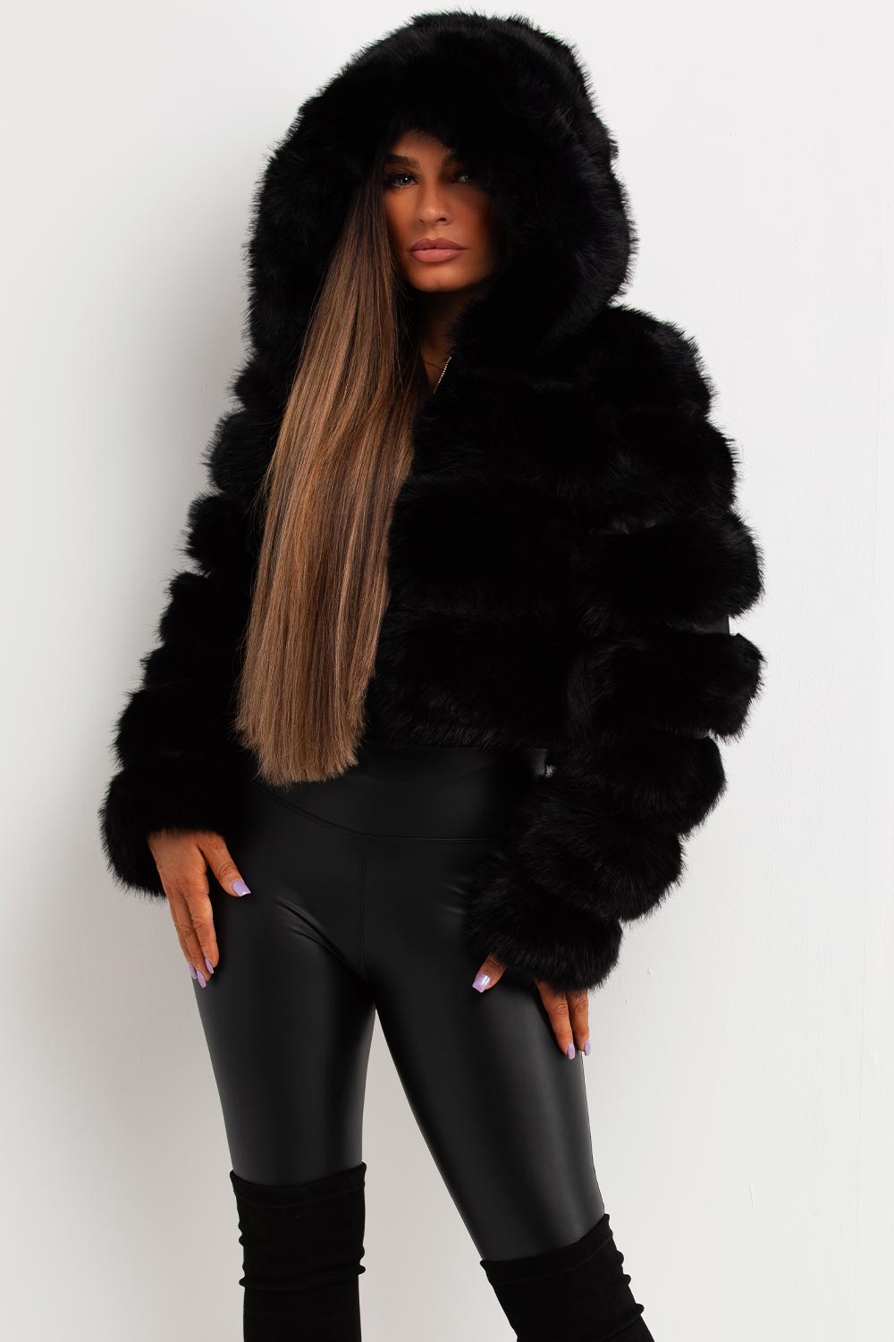 womens short faux fur coat with hood big fur styledup fashion