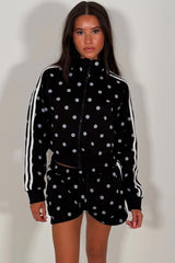 womens black airport outfit short tracksuit in trendy polka dot print styledup uk