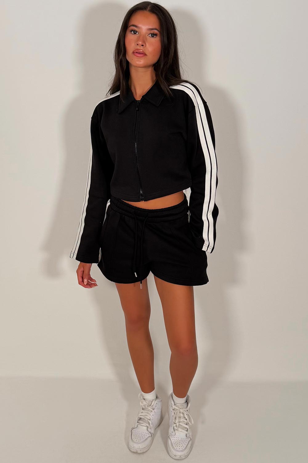 womens short tracksuit with side stripe summer holiday outfit styledup uk