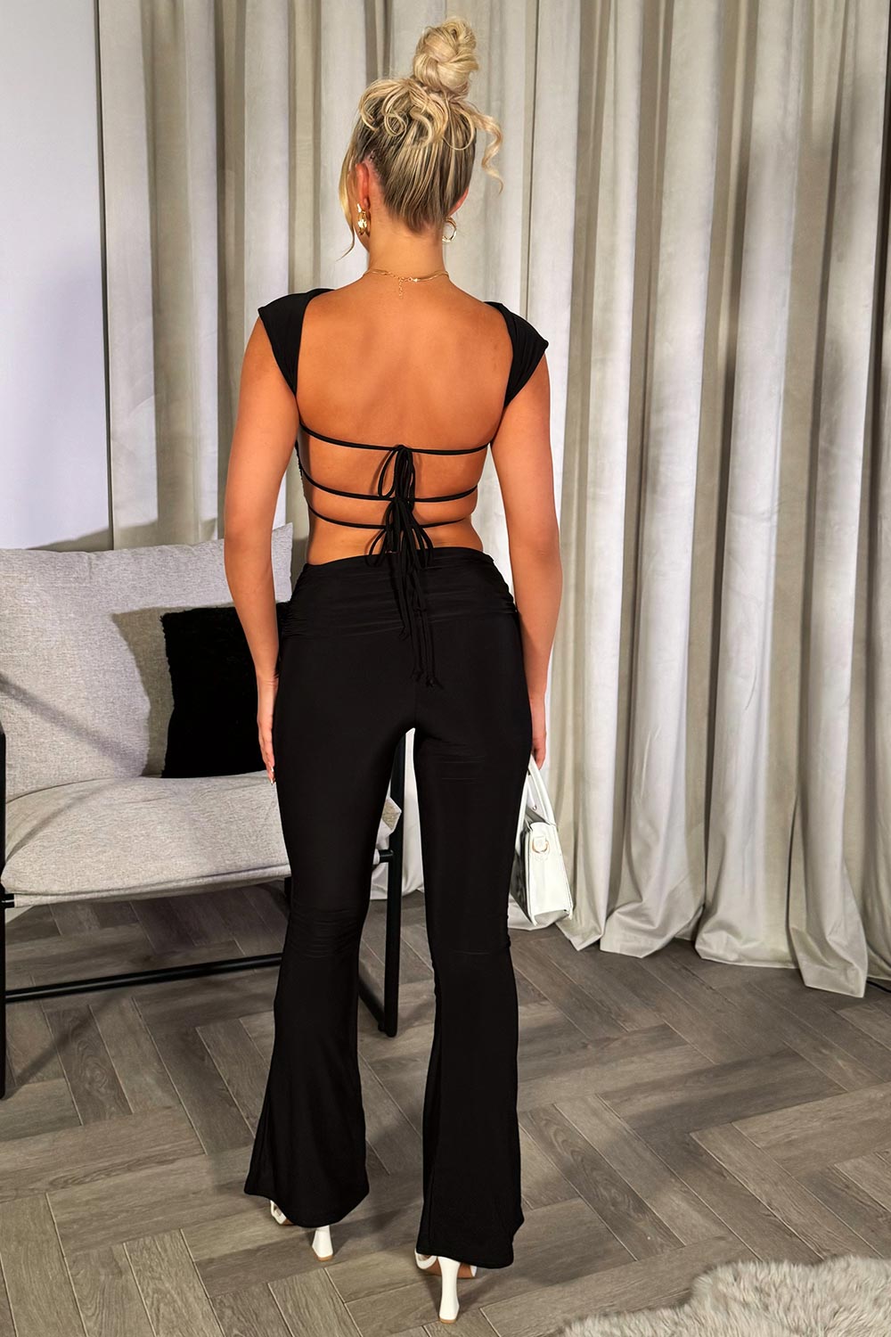 fold detail flare trousers and backless crop top co ord set going out outfit