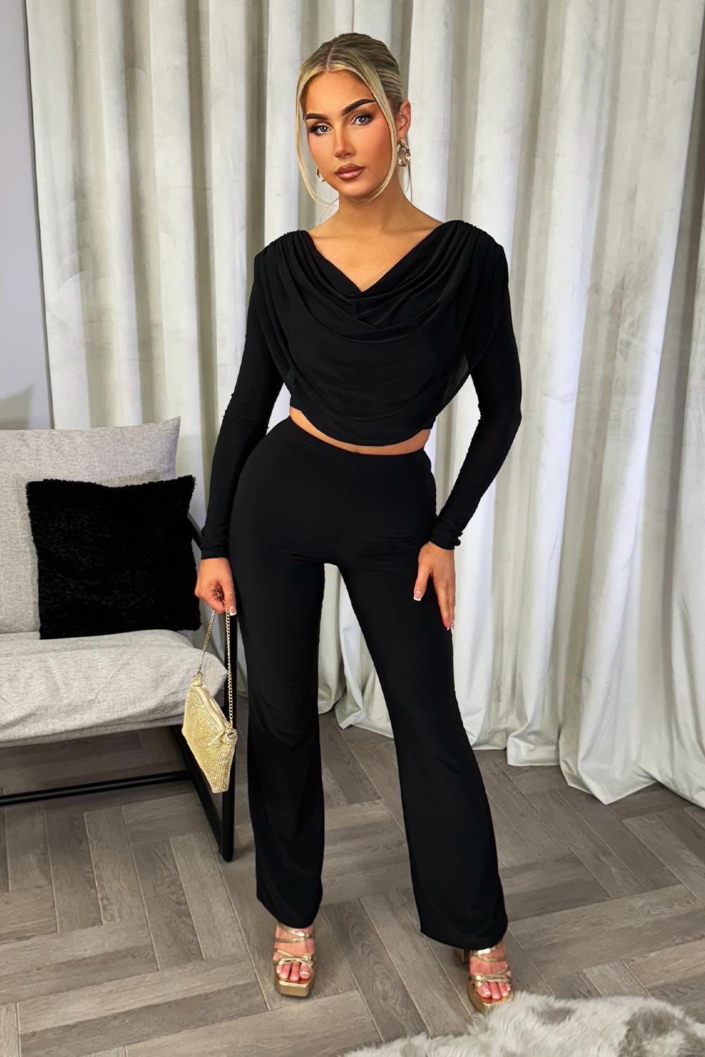 long sleeve drape top and trousers set going out outfit