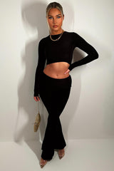 womens long sleeve crop top and fold over flared trousers co ord set