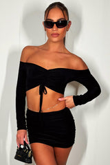 off shoulder ruched front long sleeve festival top and short skirt co ord set matching outfit for summer holidays raves