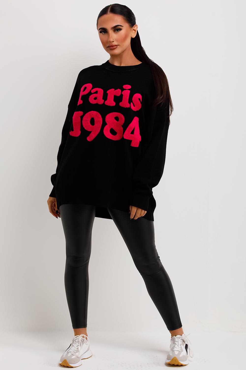 womens knitted oversized jumper with paris 1984 towelling