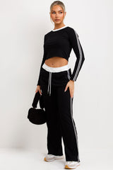 womens contrast side stripe joggers and top two piece loungewear set black