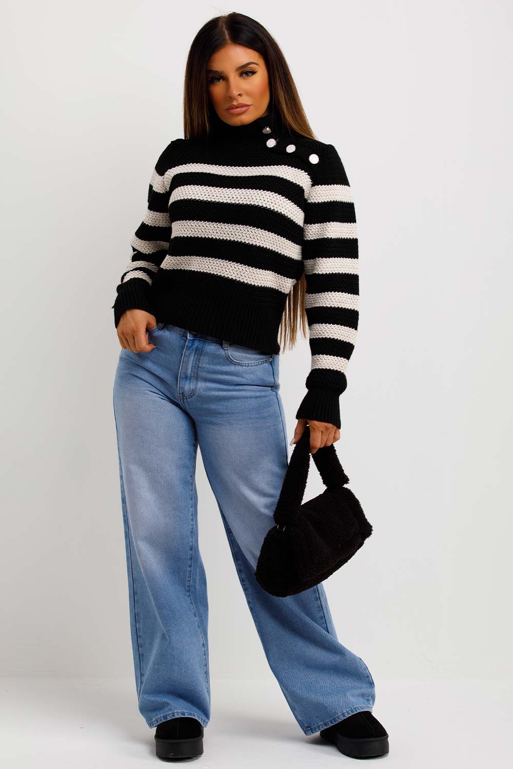 womens knitted turtle neck striped jumper with buttons