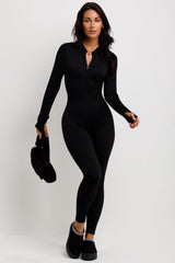womens ribbed long sleeve jumpsuit with zip front