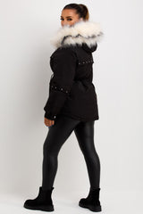 faux fur hood coat with drawstring waist