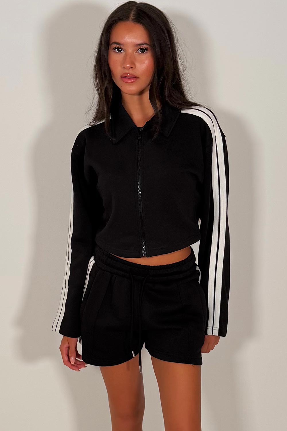 womens tracksuit shorts set long sleeve crop zip through sweatshirt and elasticated waist shorts summer holiday airport outfit styledup uk