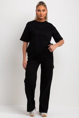 womens black oversized t shirt and wide leg trousers loungewear set