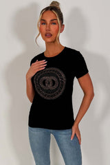 womens rhinestone diamante queen slogan embellishment t shirt black 