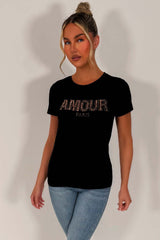 womens black t shirt with diamante rhinestone embellishment 