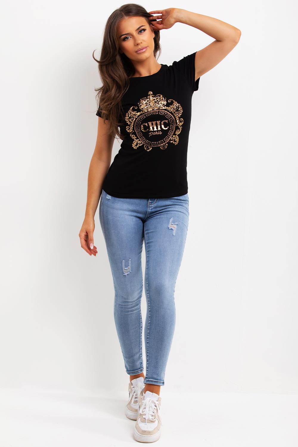 womens sparkly chic paris t shirt with gold sequin detail