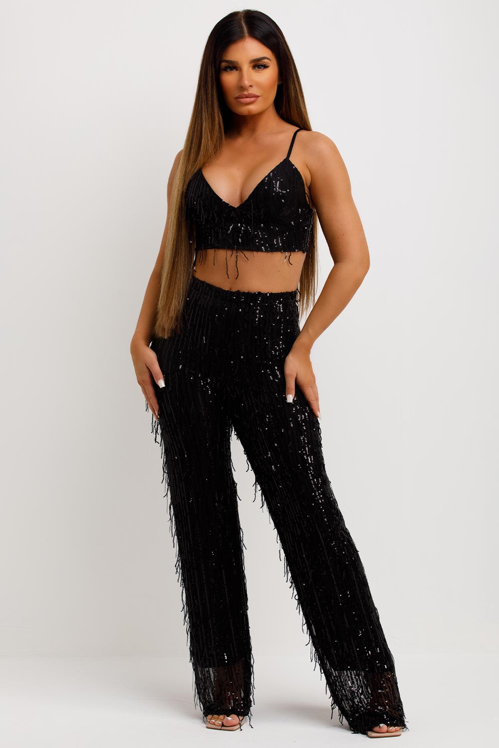 sequin sparkly trousers and top going out christmas party outfit