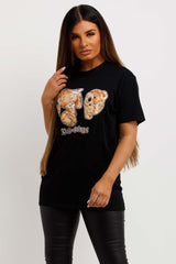 womens black t shirt with teddy bear graphics and palm springs slogan