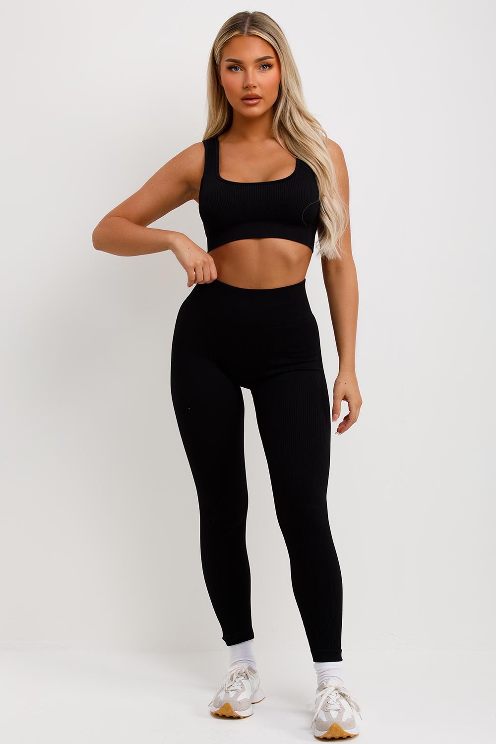 black high waist ribbed leggings and crop top co ord set